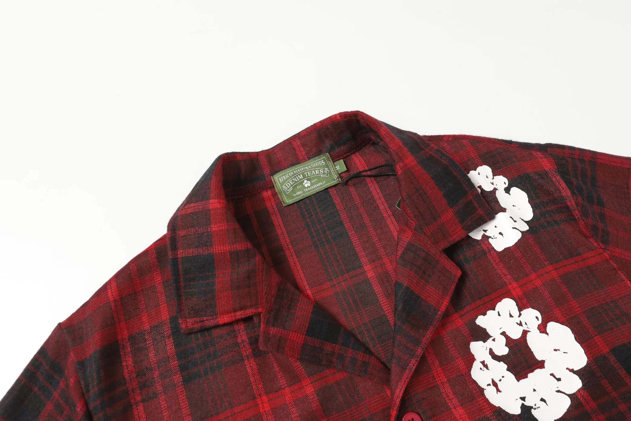 P116 388 DENIM TEARS Kapok European and American trendy brand high-quality plaid short-sleeved shirt set Color Red Gray Yellow Size S-XL